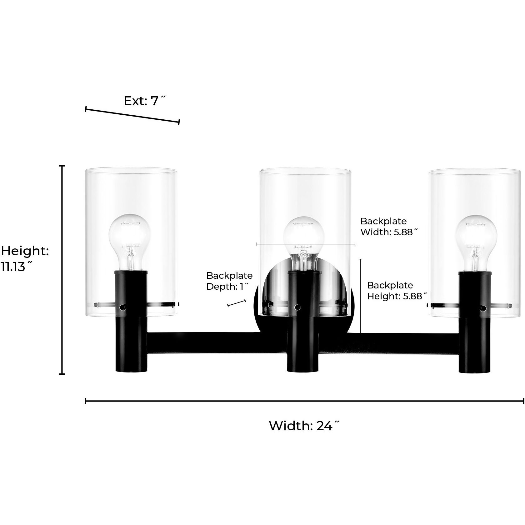 Apolla 3 Light 24 inch Matte Black Bathroom Vanity Light Wall Light